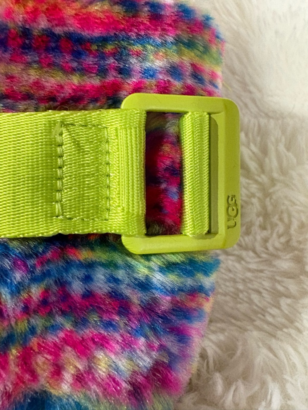 UGG Neon Multi Faux Fur Slide with Lime Strap - Picture 3 of 10
